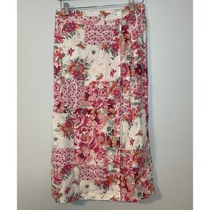 Haute Hippie 100% Linen Faux Wrap Skirt Size M Pink Floral Pockets Straight Boho